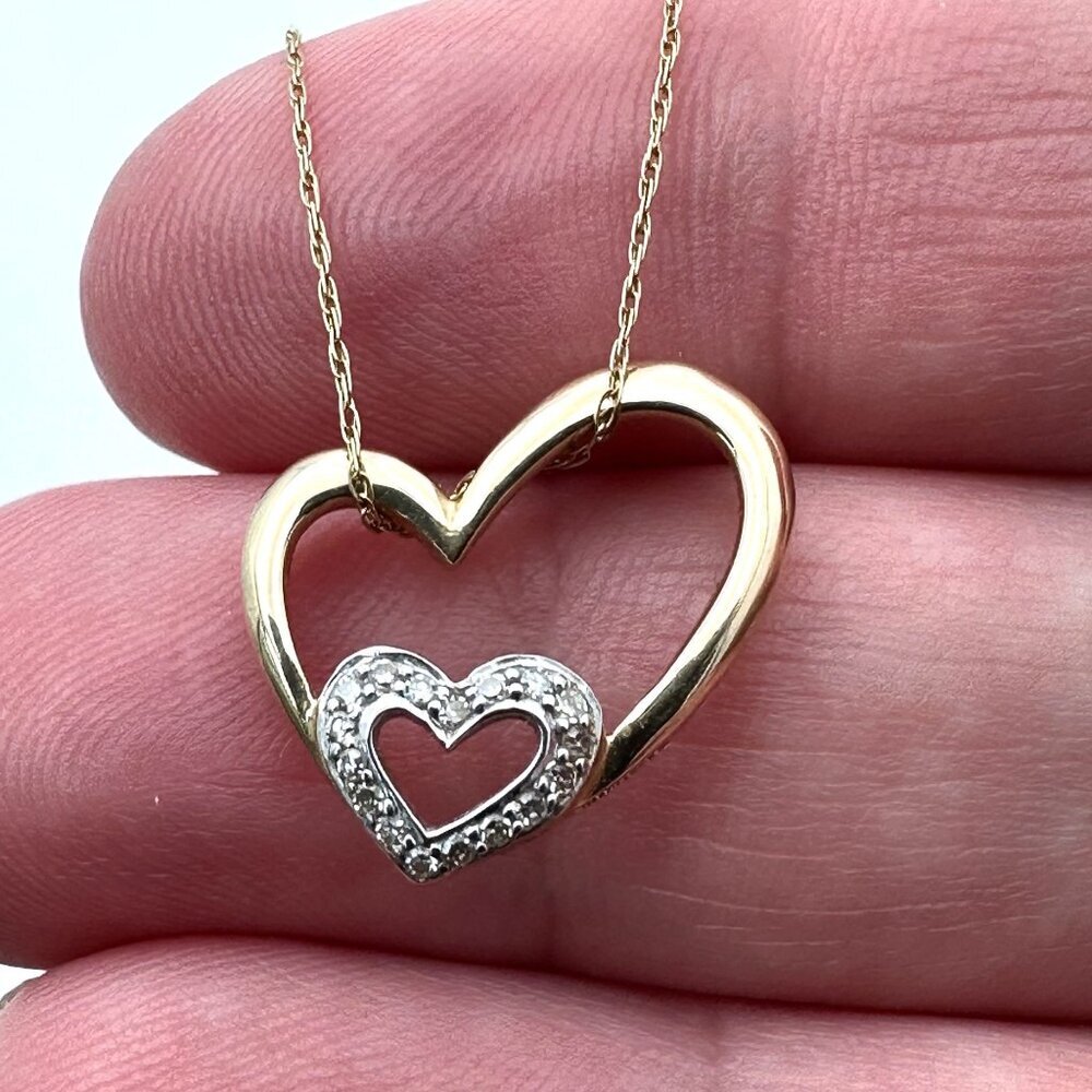 14k Yellow Gold Diamond Heart Pendant 18 Inch Necklace 1.7 Grams